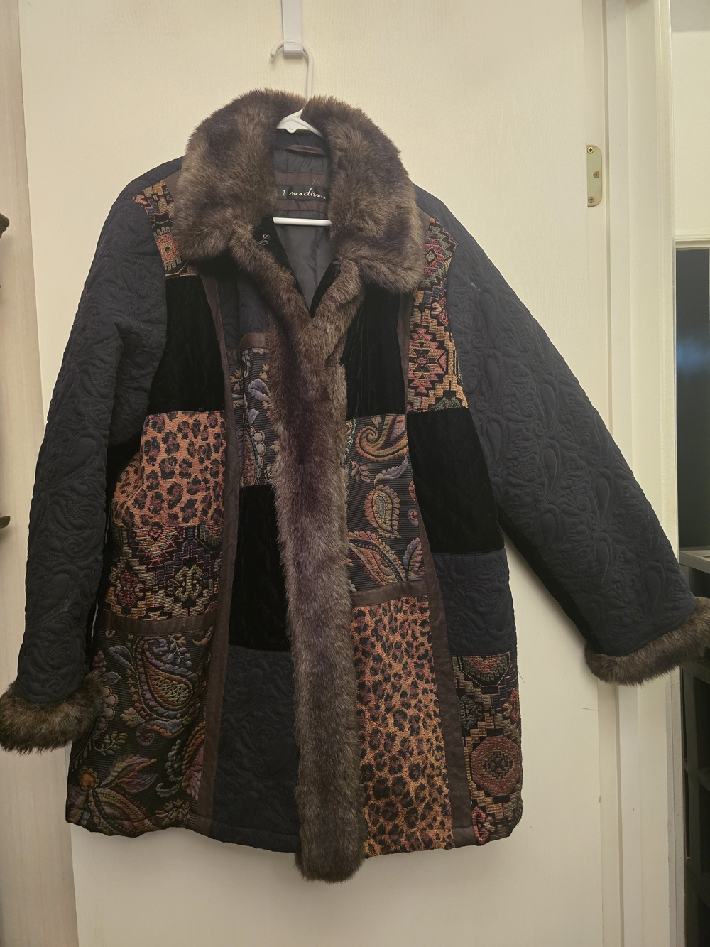 1 Madison Patchwork Paisley & Leopard Faux Fur-Trim Coat - Black/Brown